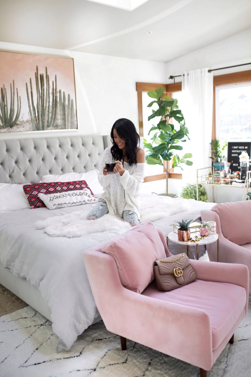 Master Bedroom Reveal Blush Chairs Cactus Art