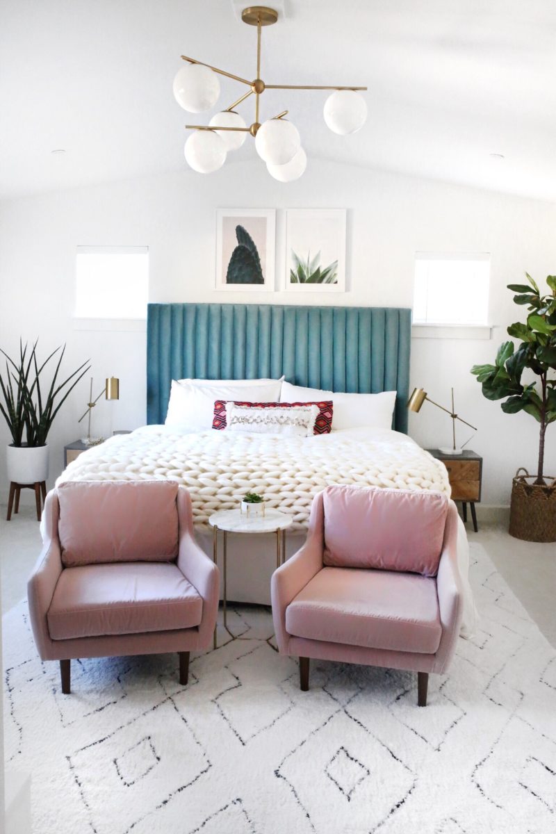 Master Bedroom Reveal Tour Boho Chic Decor Pink Chairs Velvet Tufted Headboard | Gypsy Tan