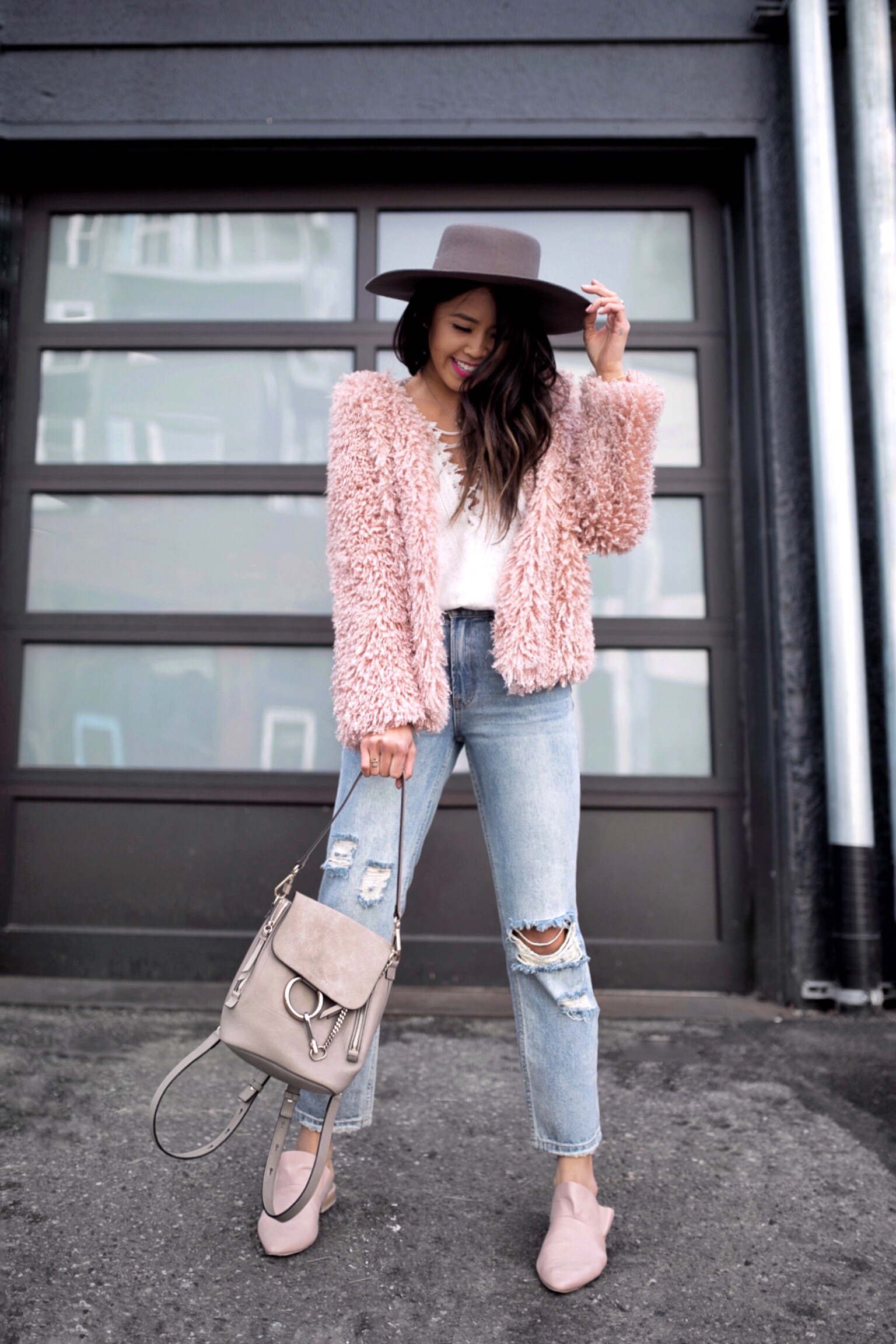 How to casually wear pink shaggy jacket