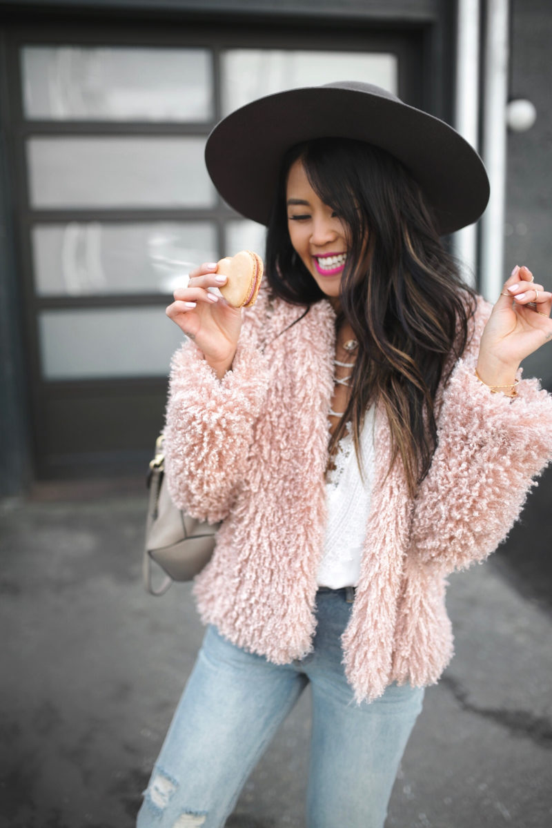 How to casually wear pink shaggy jacket