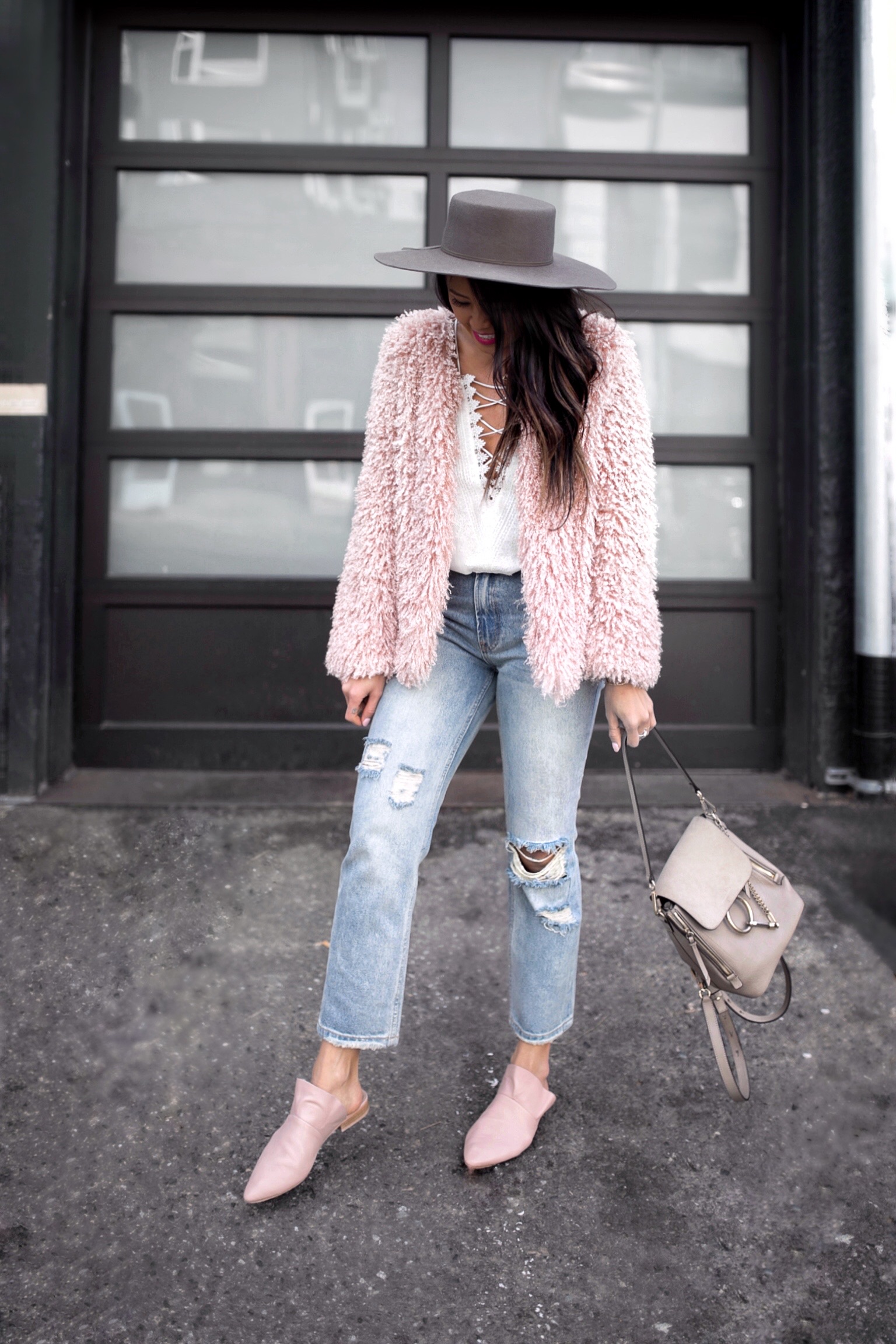 How to casually wear pink shaggy jacket