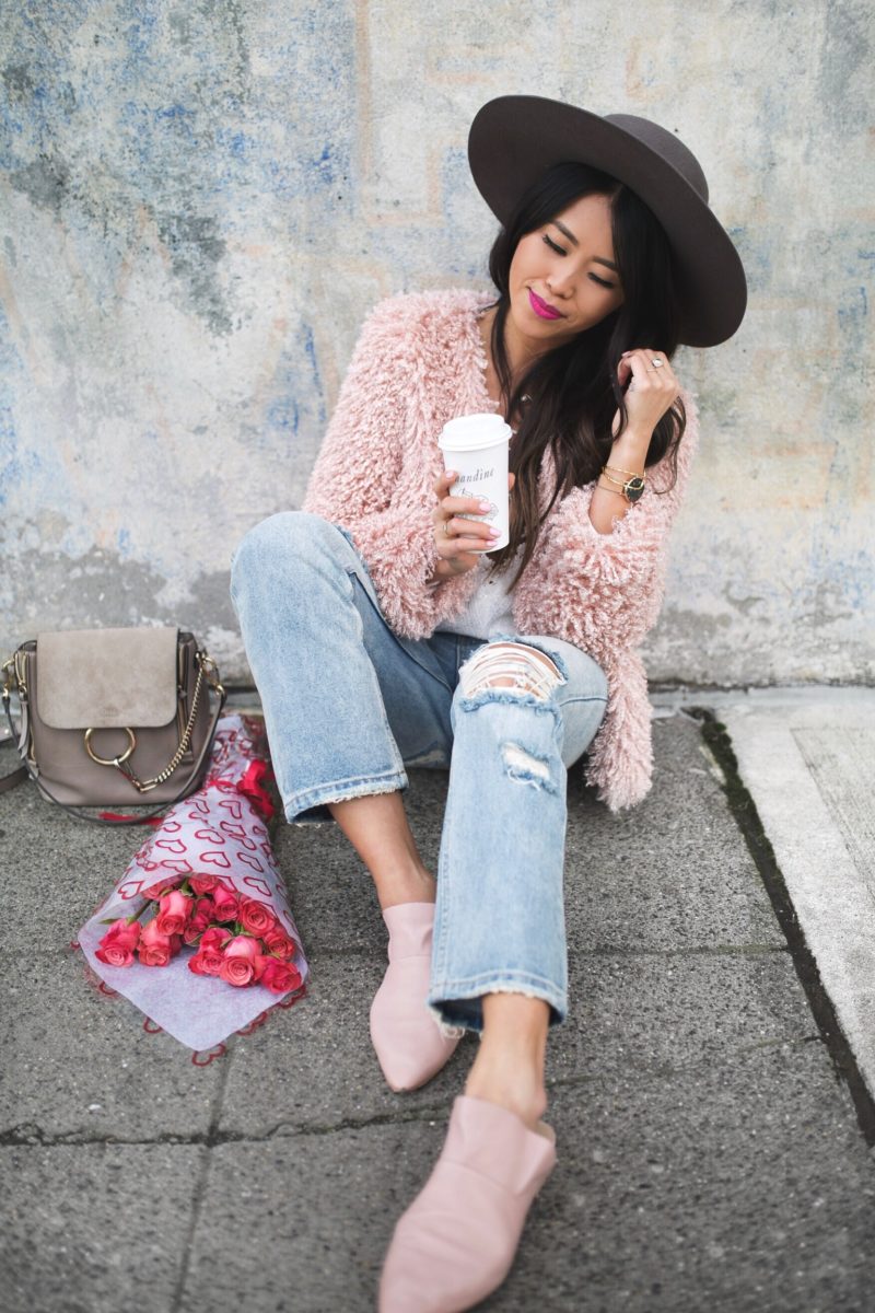 How to casually wear pink shaggy jacket