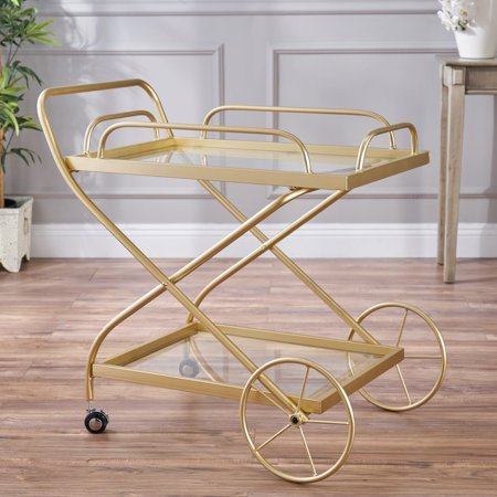 Noble House Penny Indoor Traditional Iron and Glass Bar Cart, Gold