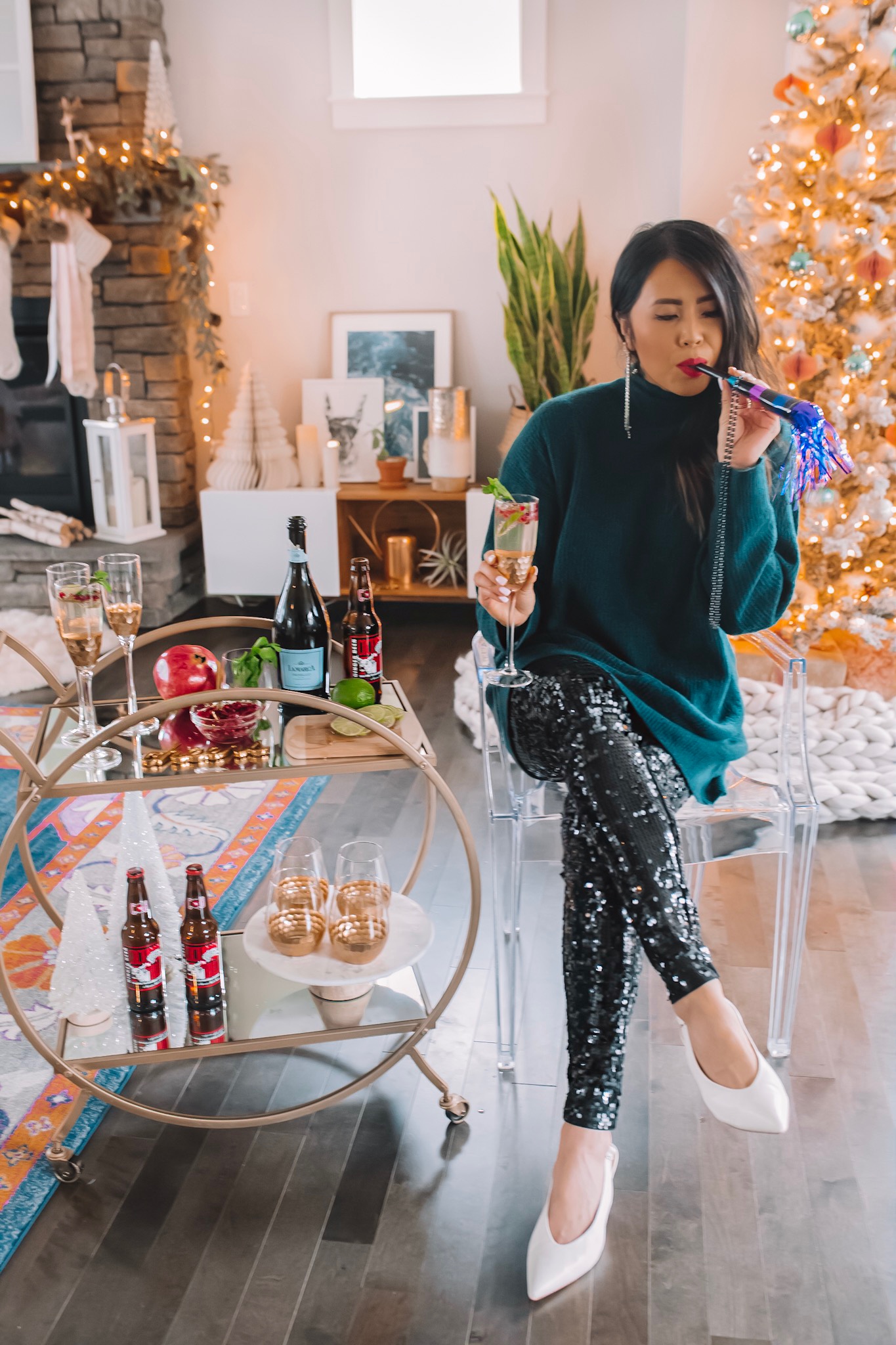 New Years Eve Outfit Sequin Pants Champagne Cocktail Bar Cart