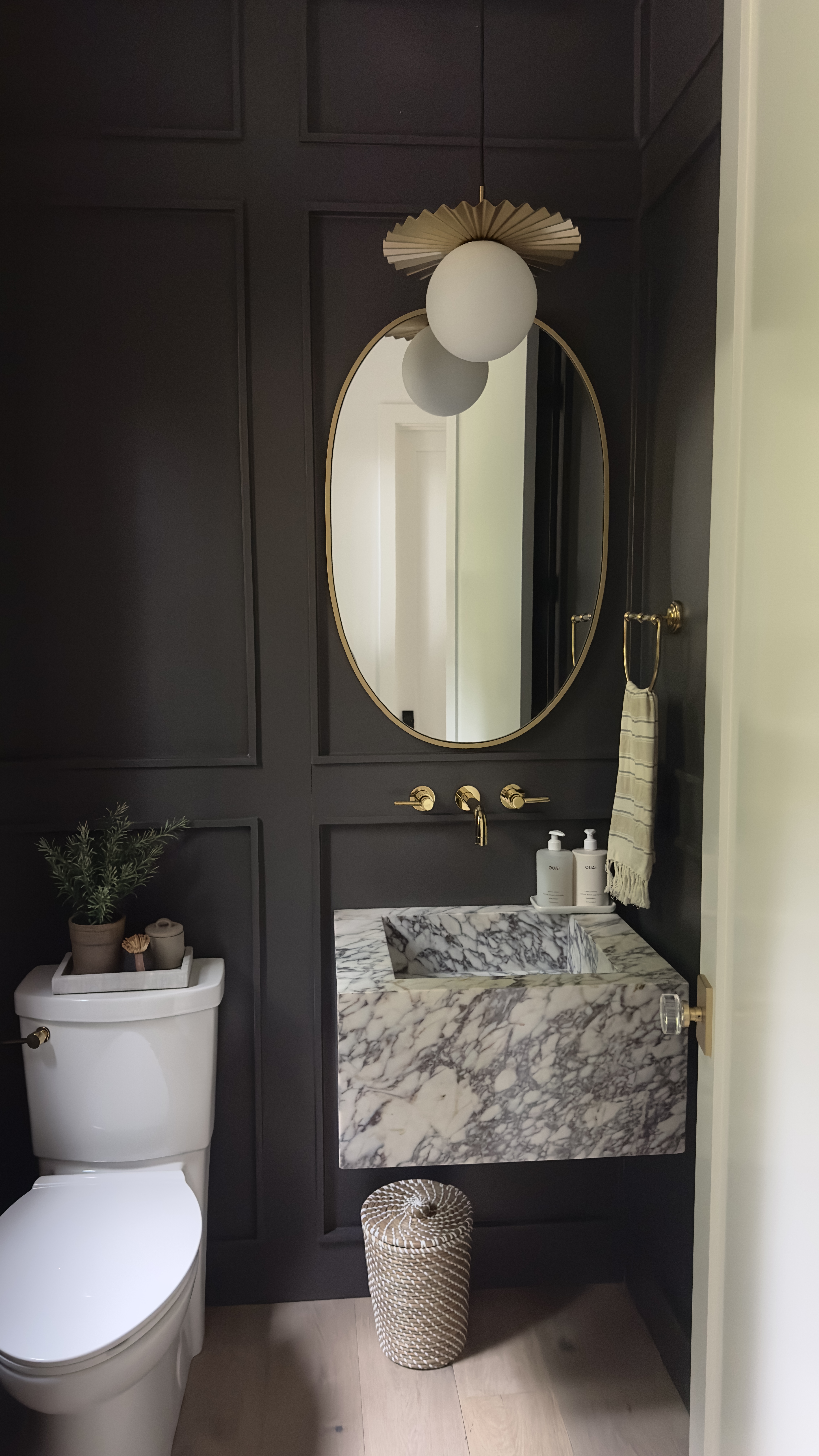 Dark Powder Room - Best Dark Paint Color For Small Rooms - Sherwin Williams Iron Ore - Marble Sink
