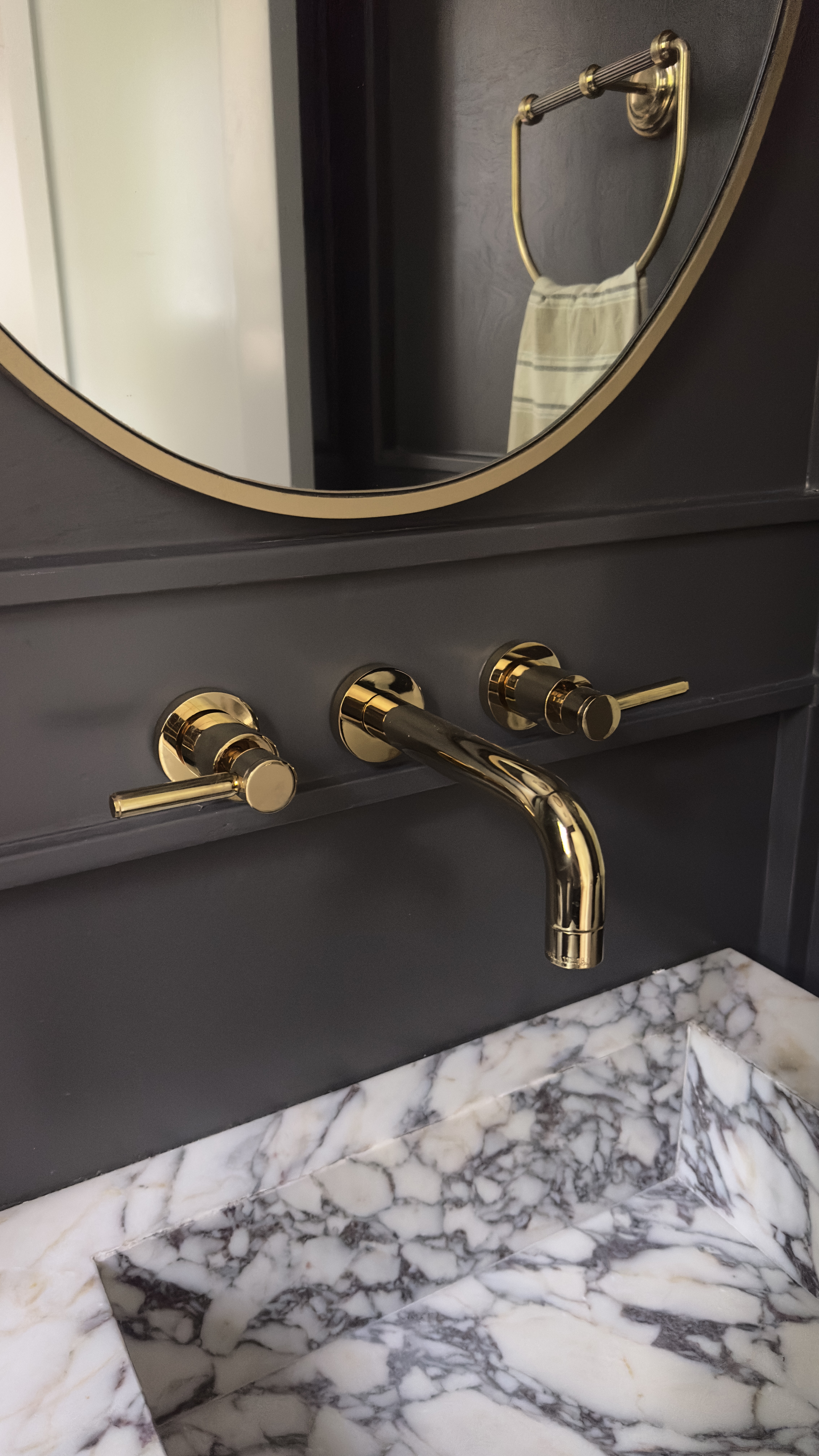 Gold Hardware for Moody Powder Room