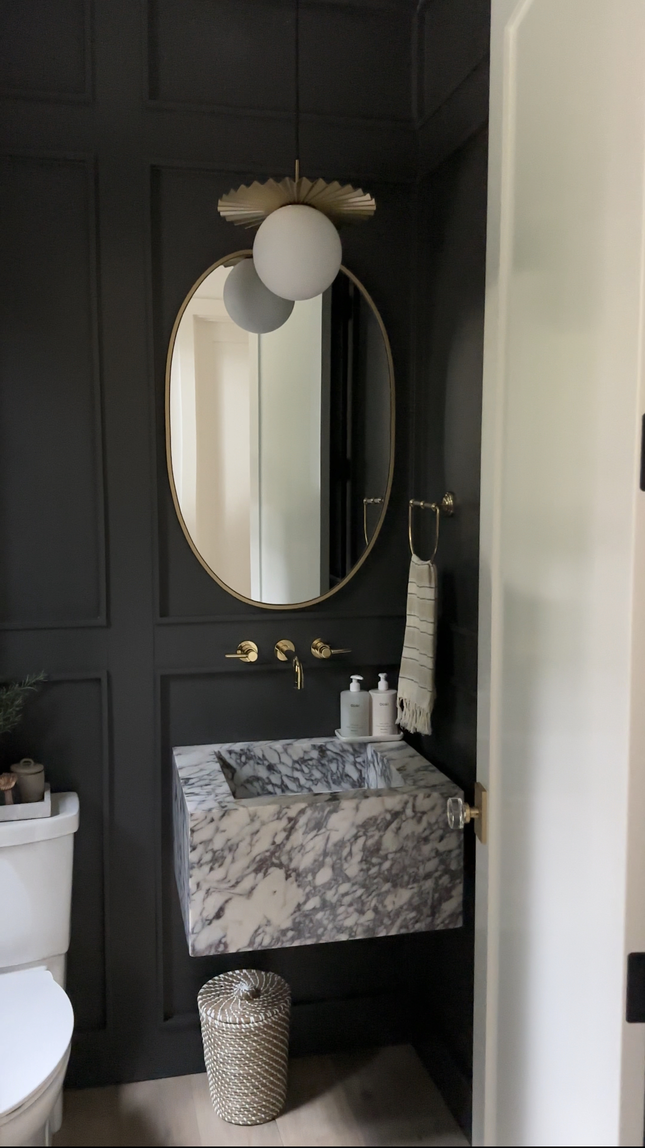 Dark Powder Room Designs - Amber Interiors - Sherwin Willams Iron Ore - Marble Sink