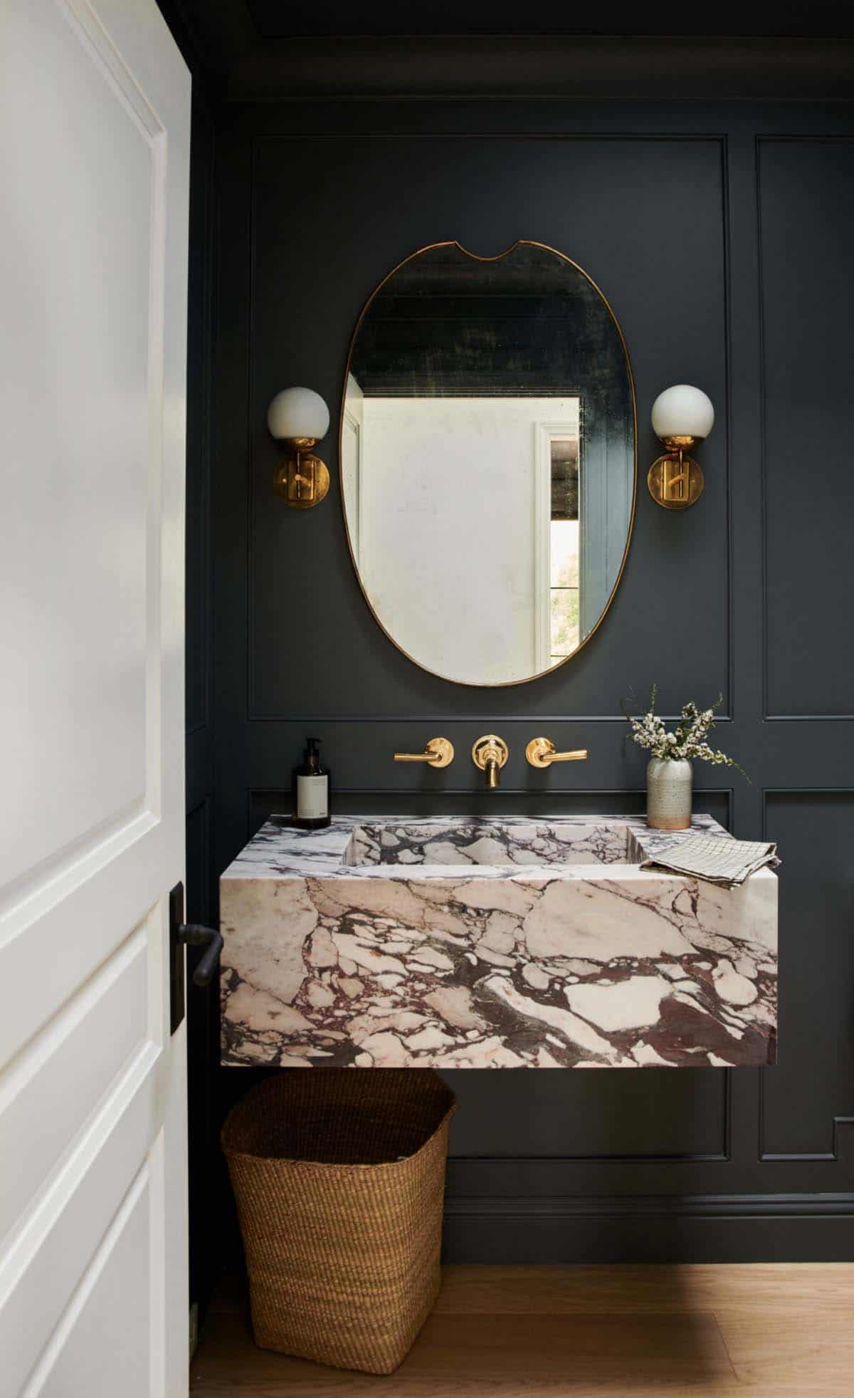 Dark Powder Room Designs - Amber Interiors - Best Paint Color for Small Rooms